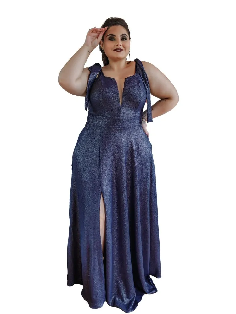 Vestido Longo de Festa Azul Marinho Brilhante Ana Júlia