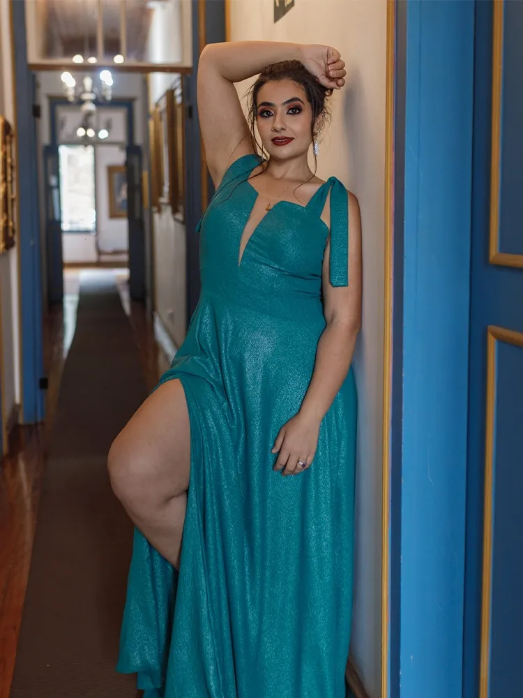 Vestido Longo de Festa Verde Esmeralda Brilhante Ana Júlia