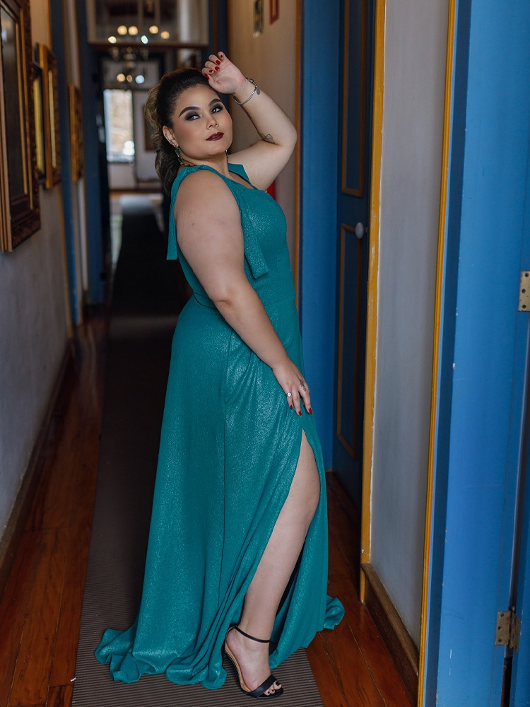 Vestido Longo de Festa Verde Esmeralda Brilhante Ana Júlia