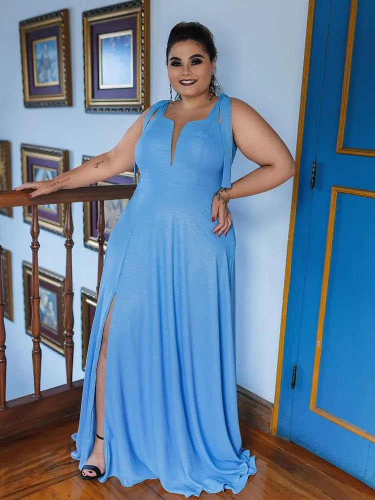 Vestido Longo de Festa Azul Serenity Brilhante Ana Júlia