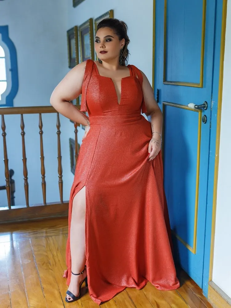 Vestido Longo de Festa Terracota Brilhante Ana Júlia