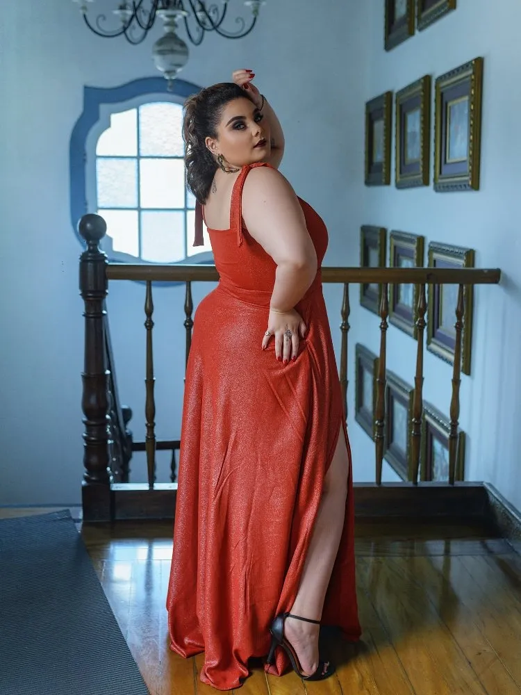 Vestido Longo de Festa Terracota Brilhante Ana Júlia