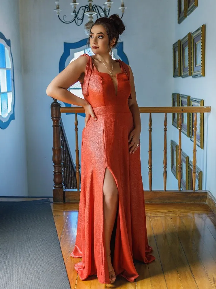 Vestido Longo de Festa Terracota Brilhante Ana Júlia
