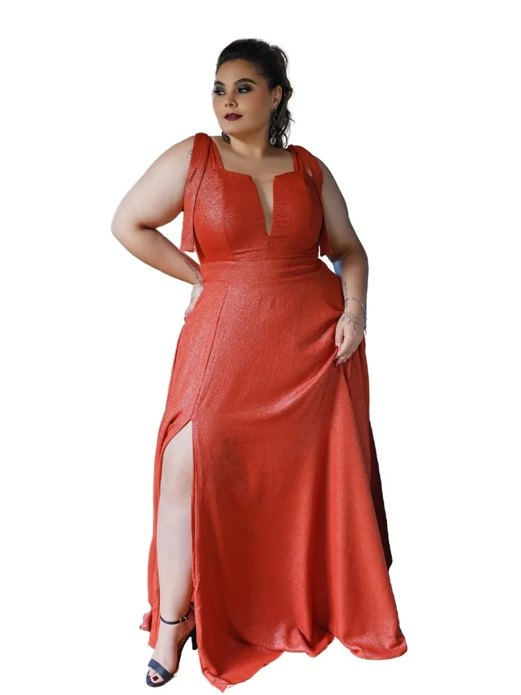 Vestido Longo de Festa Terracota Brilhante Ana Júlia