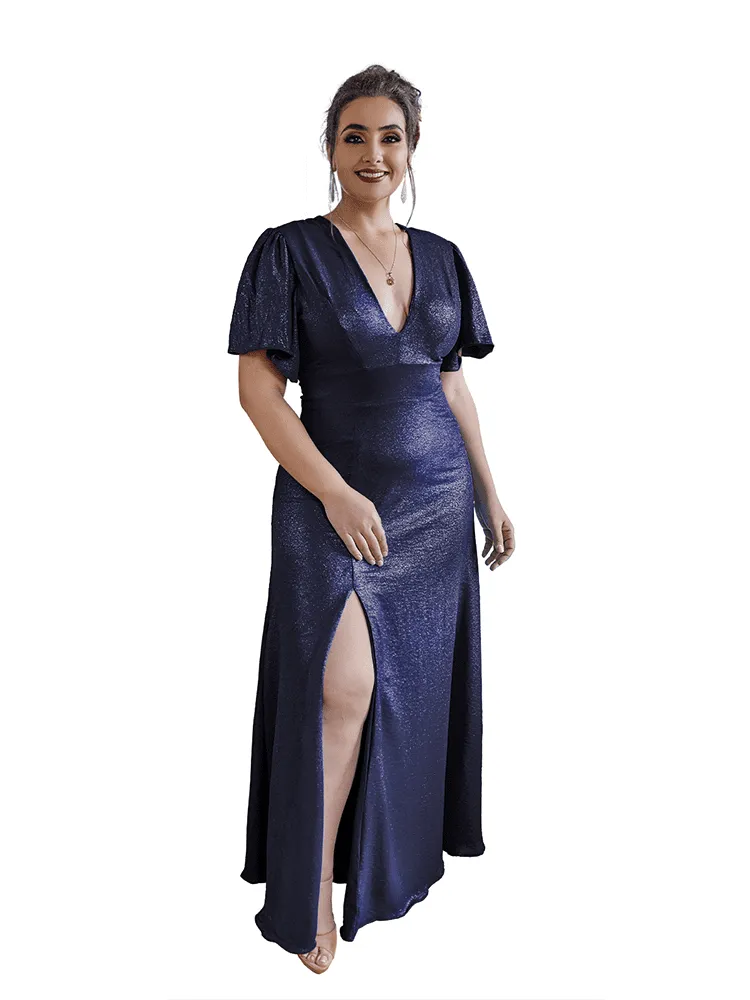 Vestido Longo de Festa Azul Marinho Brilhante Luana