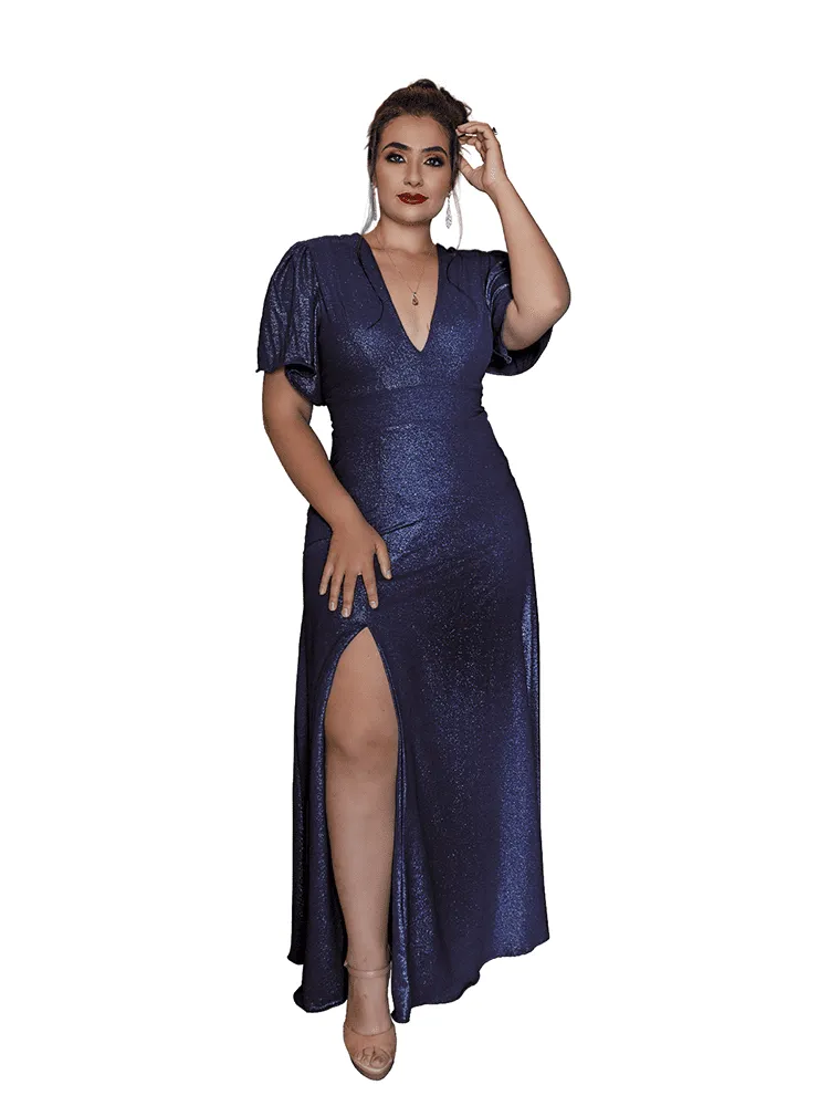 Vestido Longo de Festa Azul Marinho Brilhante Luana
