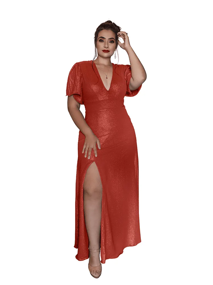 Vestido Longo de Festa Terracota Brilhante Luana