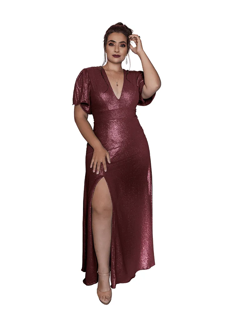 Vestido Longo de Festa Marsala Brilhante Luana