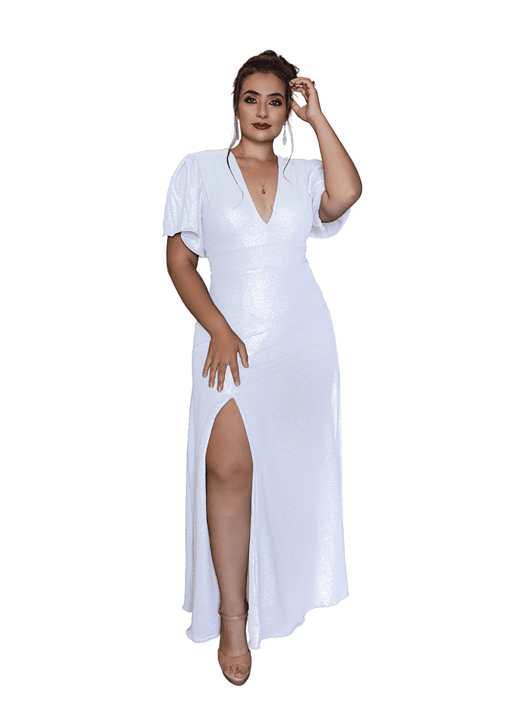 Vestido Longo de Noiva Branco Brilhante Luana