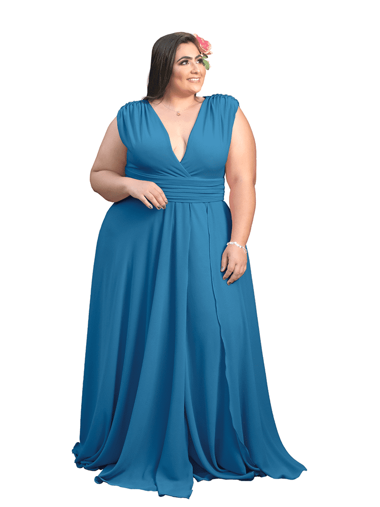 Vestido Madrinha Casamento Alice Fan Azul Petróleo