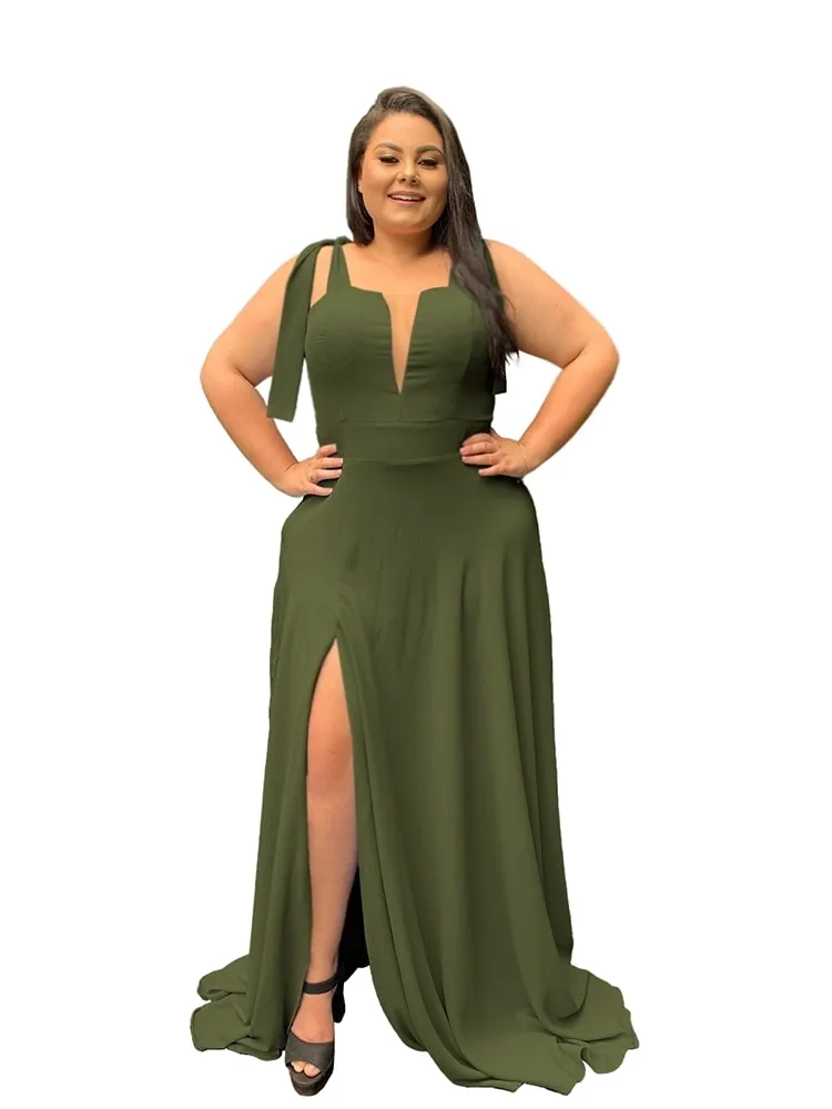 Vestido Madrinha de Casamento Verde Militar com decote Ana Julia 