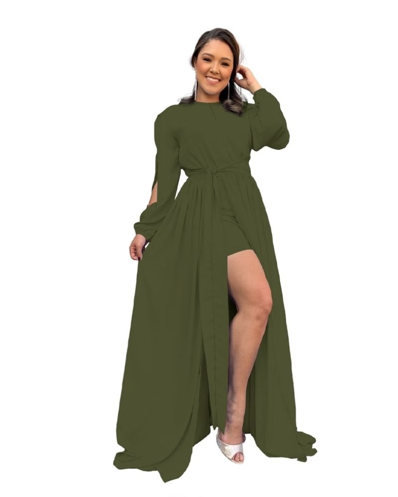 Vestido Longo de Festa Verde Militar Sublime