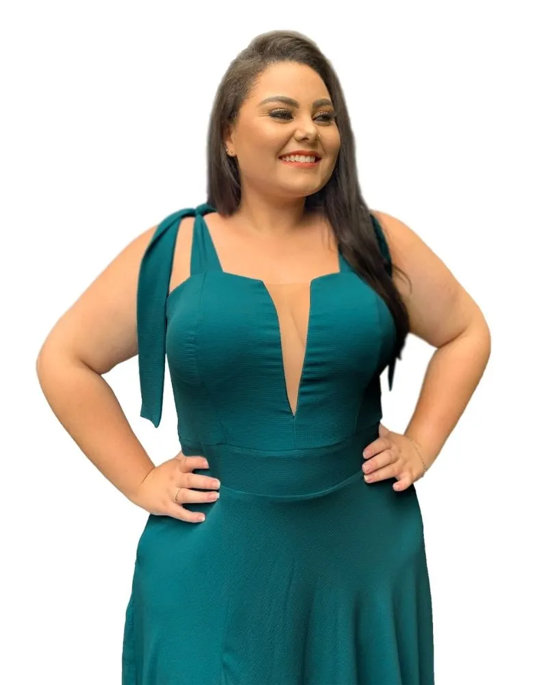 Vestido Madrinha de Casamento Verde Esmeralda com decote Ana Julia 