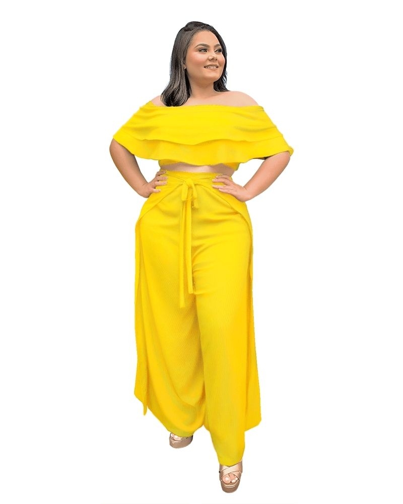 Conjunto Cropped Ciganinha  e Calça Envelope Amarelo Canário