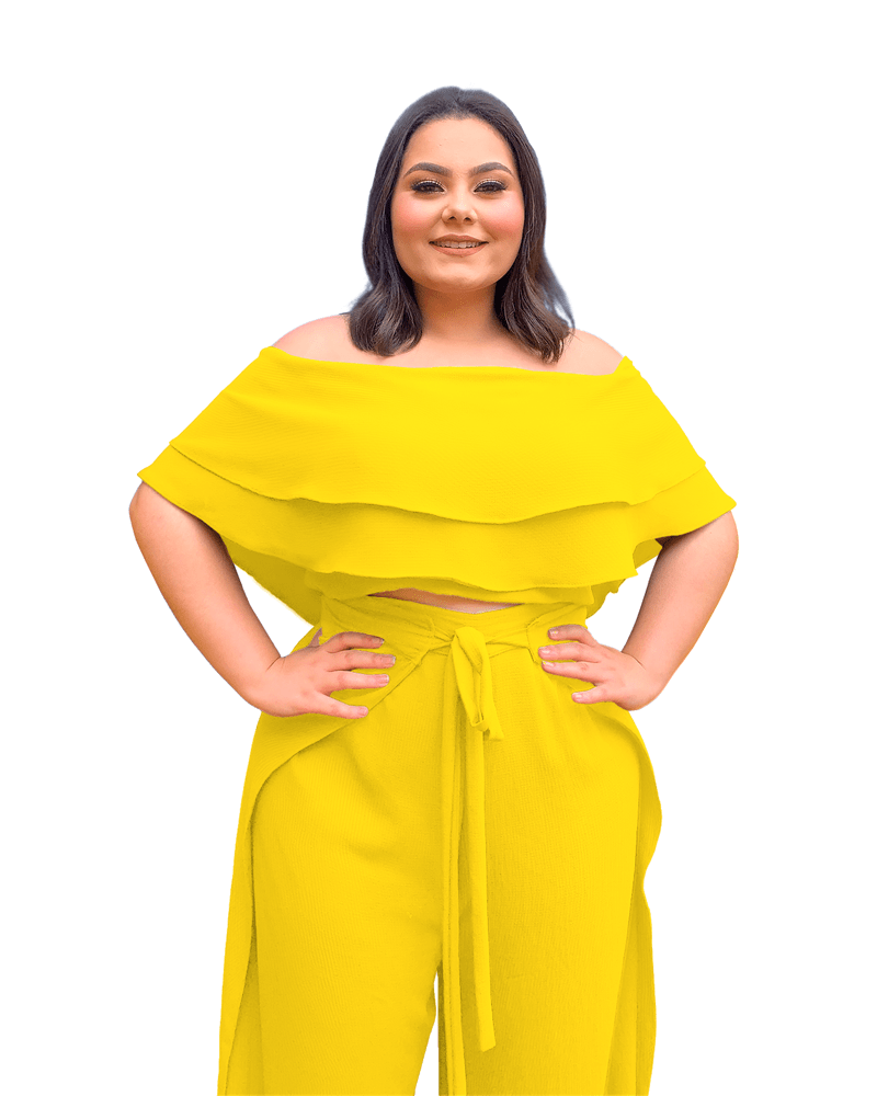 Conjunto Cropped Ciganinha  e Calça Envelope Amarelo Canário