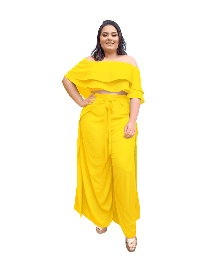 Conjunto Cropped Ciganinha  e Calça Envelope Amarelo Canário