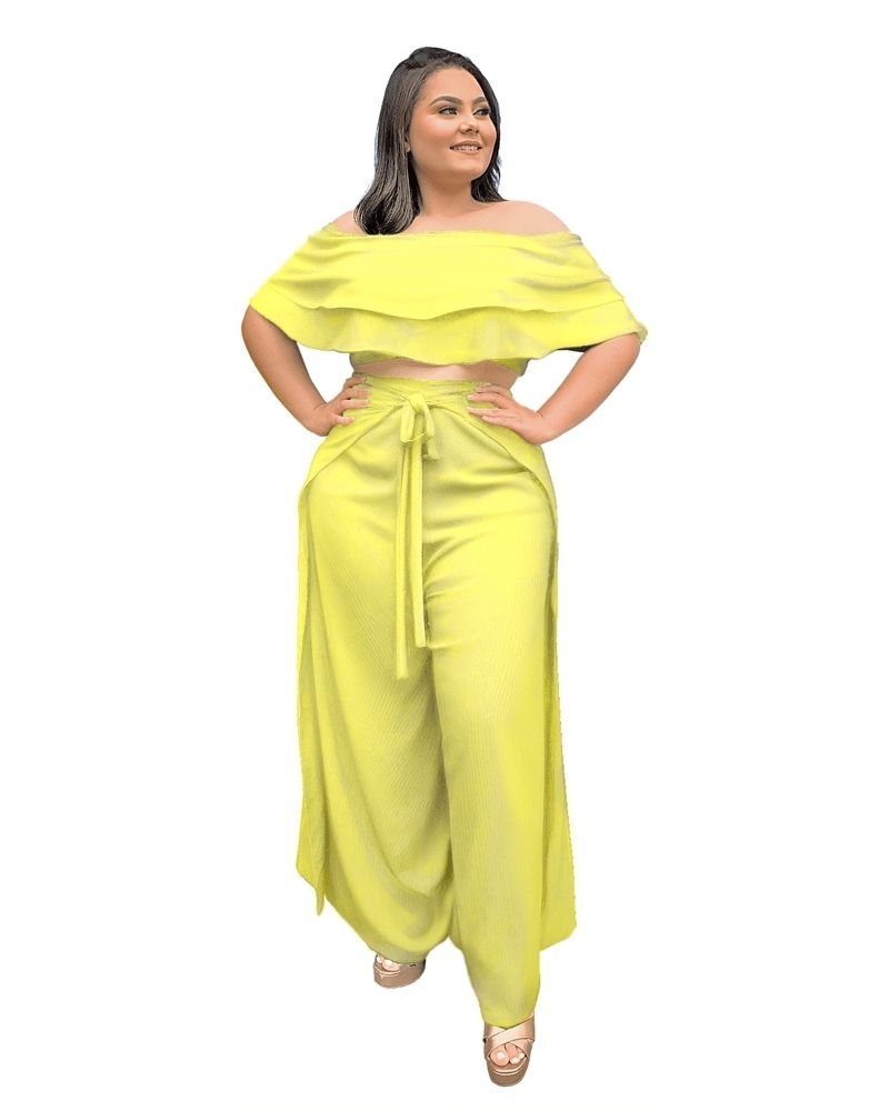 Conjunto Cropped Ciganinha e Calça Envelope Amarelo 