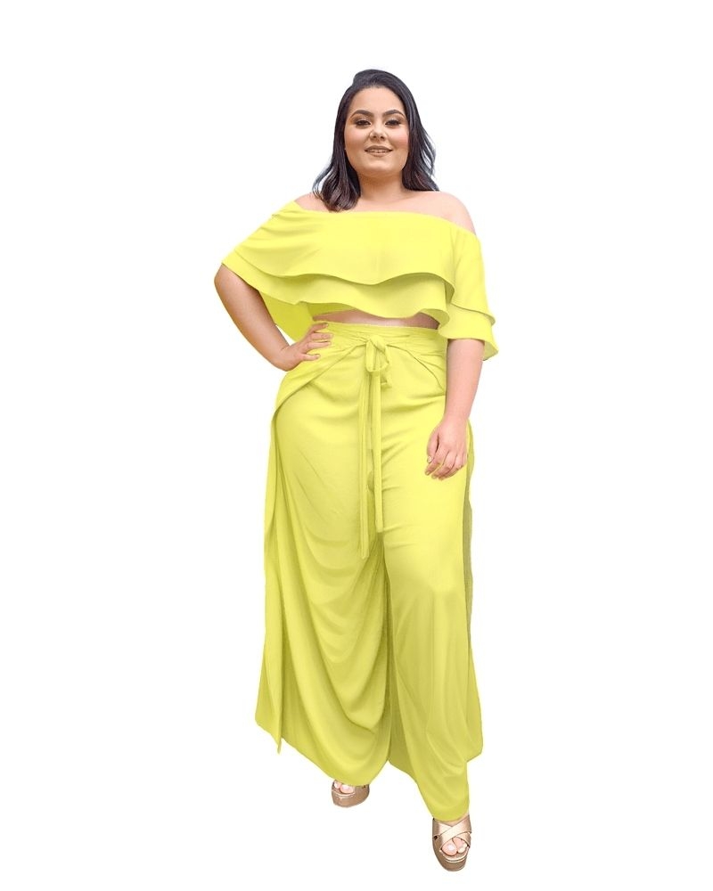 Conjunto Cropped Ciganinha e Calça Envelope Amarelo 