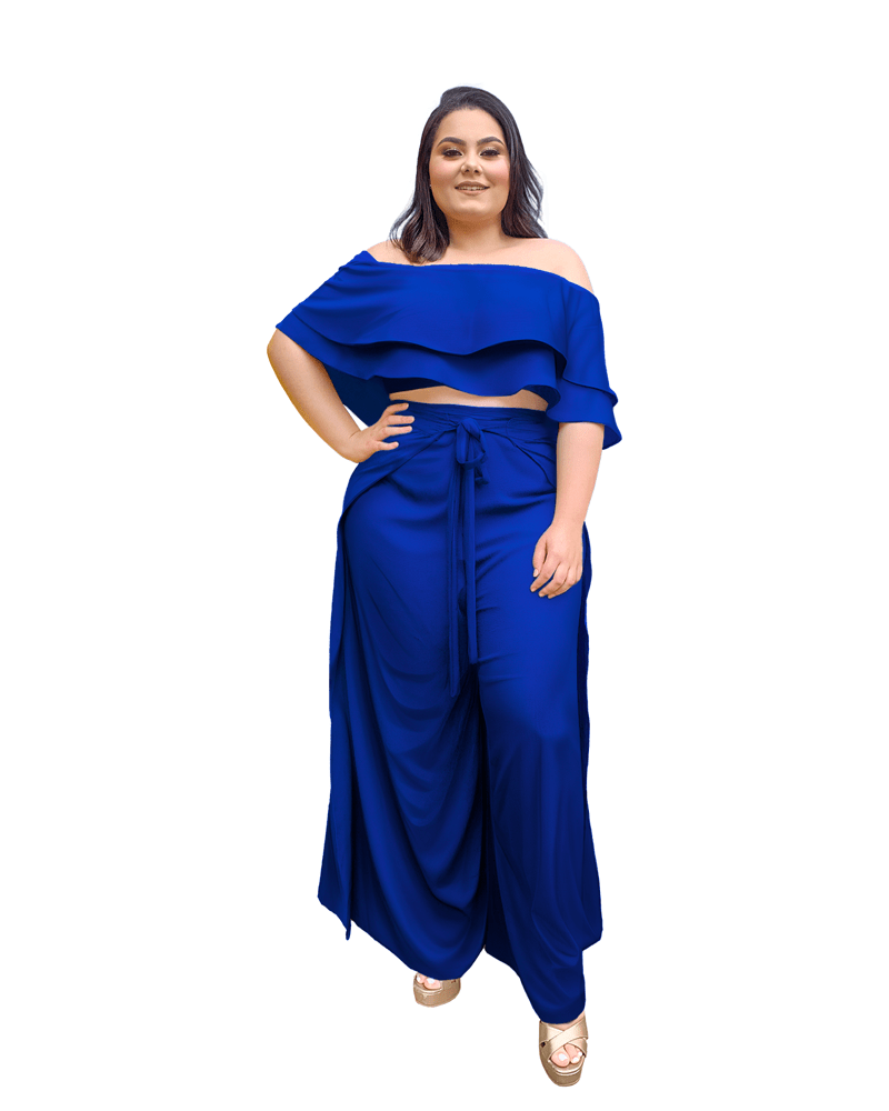 Conjunto Cropped Ciganinha e Calça Envelope Azul Royal