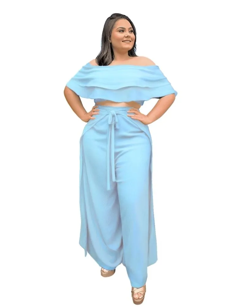 Conjunto Cropped Ciganinha  e Calça Envelope Azul Serenity