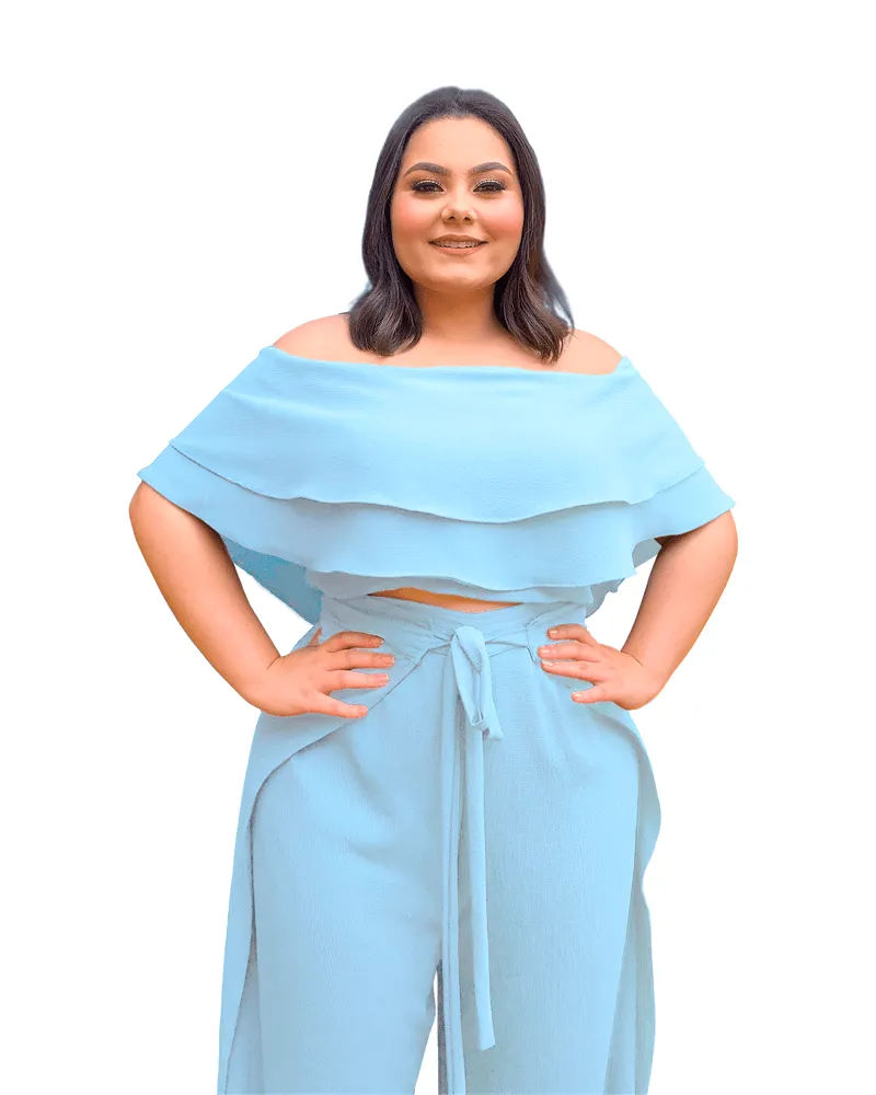 Conjunto Cropped Ciganinha  e Calça Envelope Azul Serenity