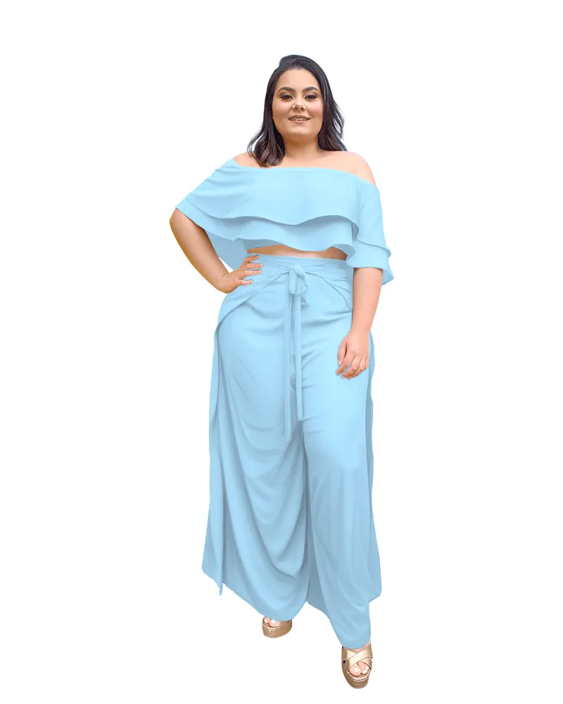Conjunto Cropped Ciganinha  e Calça Envelope Azul Serenity