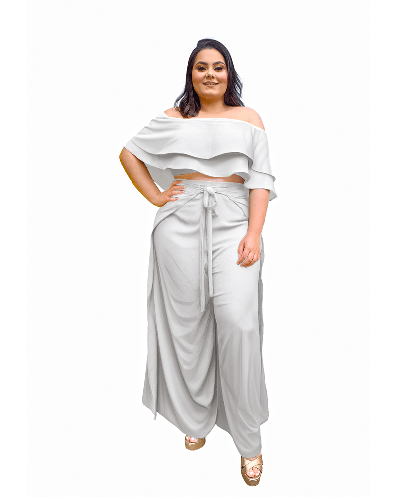 Conjunto Cropped Ciganinha e Calça Envelope Branco