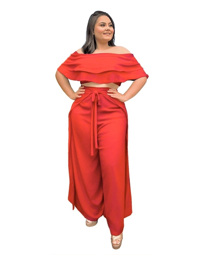 Conjunto Cropped Ciganinha  e Calça Envelope Coral