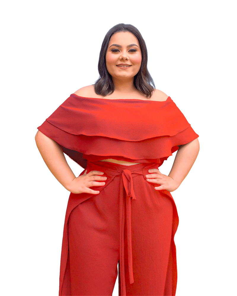 Conjunto Cropped Ciganinha  e Calça Envelope Coral