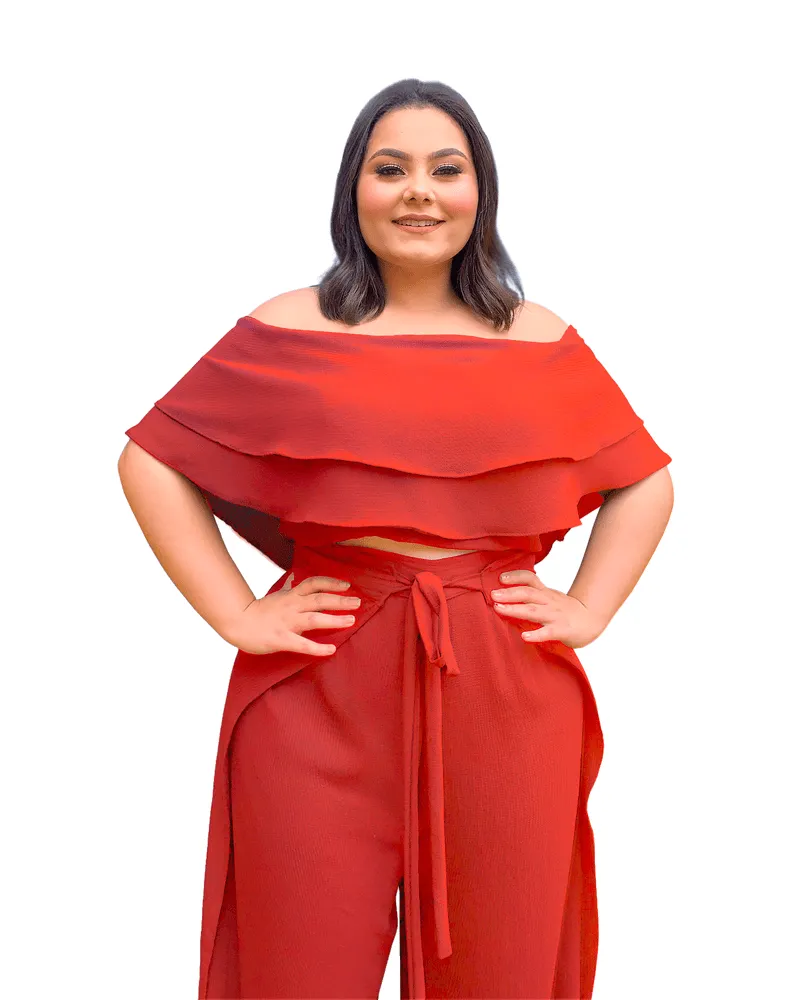 Conjunto Cropped Ciganinha  e Calça Envelope Coral