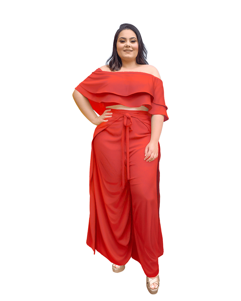 Conjunto Cropped Ciganinha  e Calça Envelope Coral