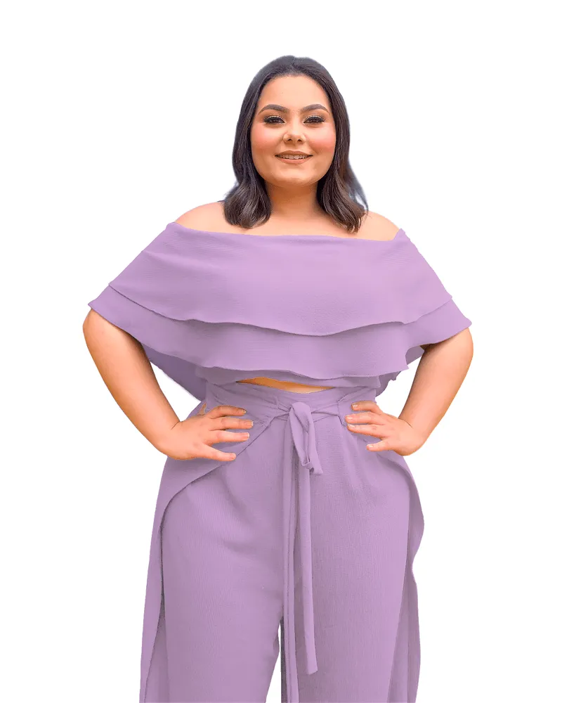 Conjunto Cropped Ciganinha e Calça Envelope Lilás 