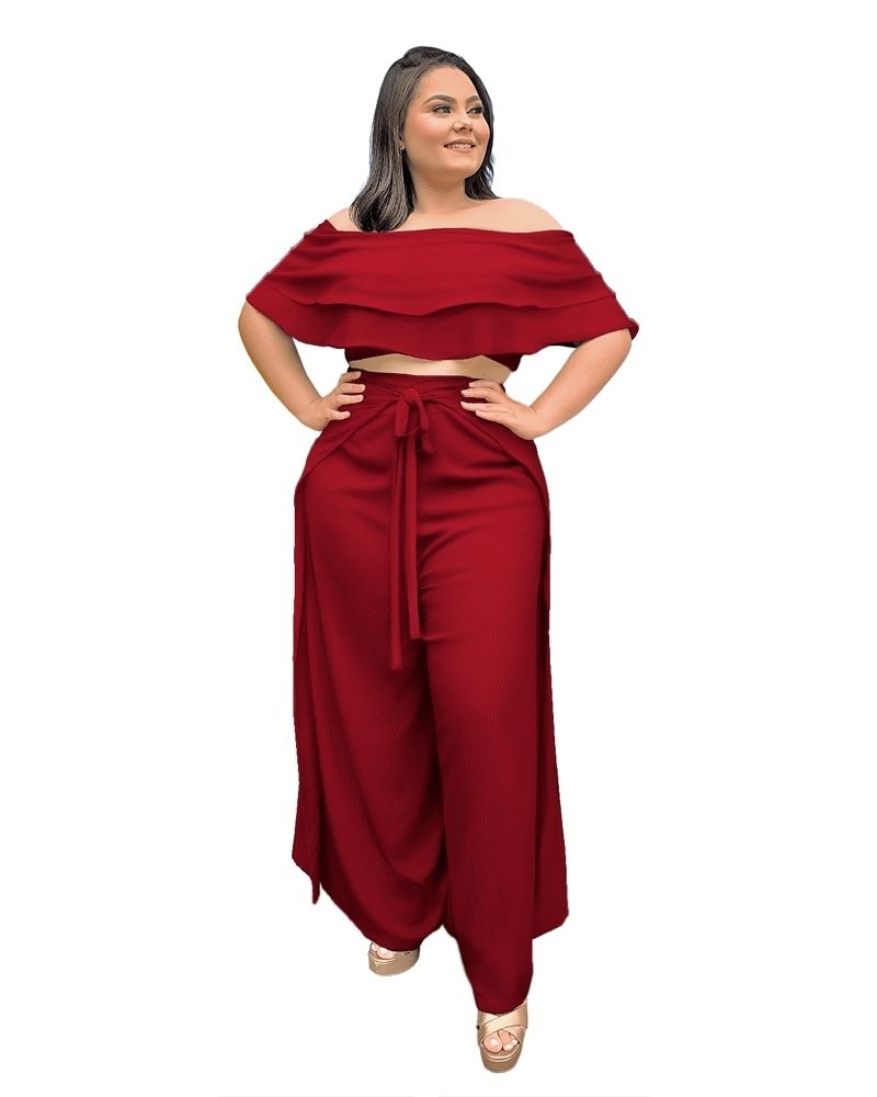 Conjunto Cropped Ciganinha e Calça Envelope Marsala 