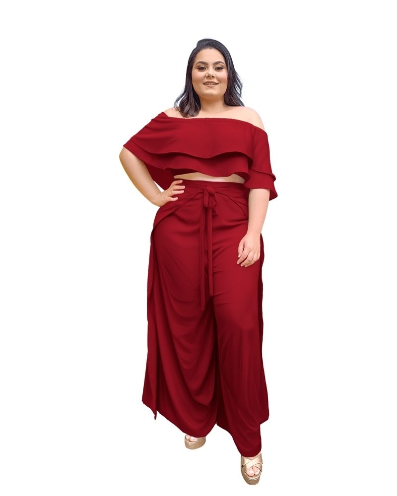 Conjunto Cropped Ciganinha e Calça Envelope Marsala 