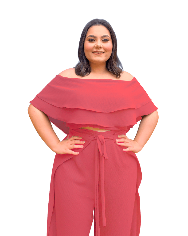 Conjunto Cropped Ciganinha  e Calça Envelope Salmão