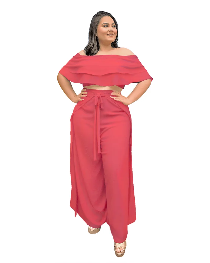Conjunto Cropped Ciganinha  e Calça Envelope Salmão