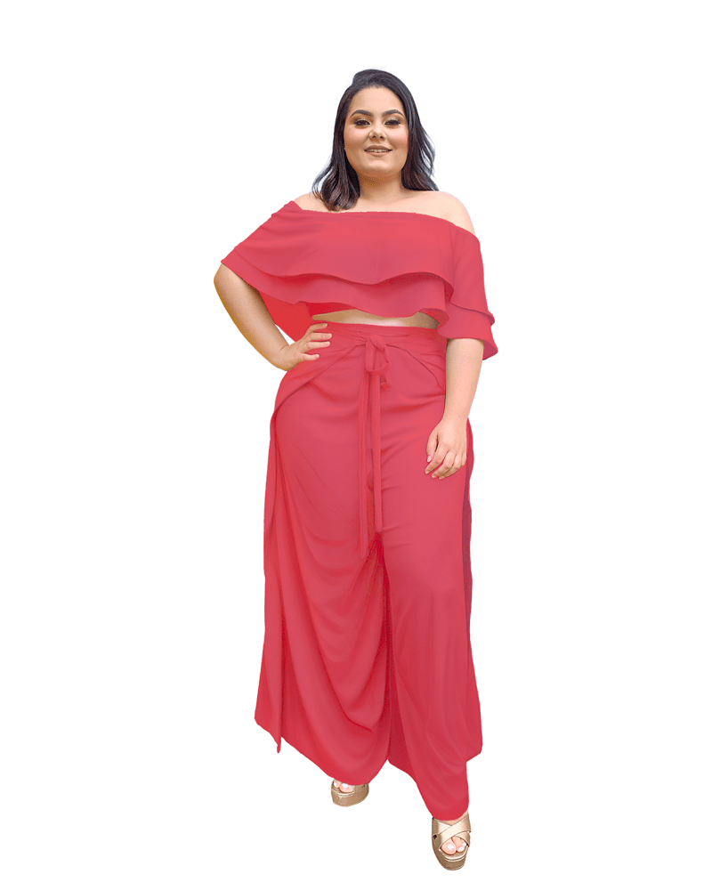 Conjunto Cropped Ciganinha  e Calça Envelope Salmão
