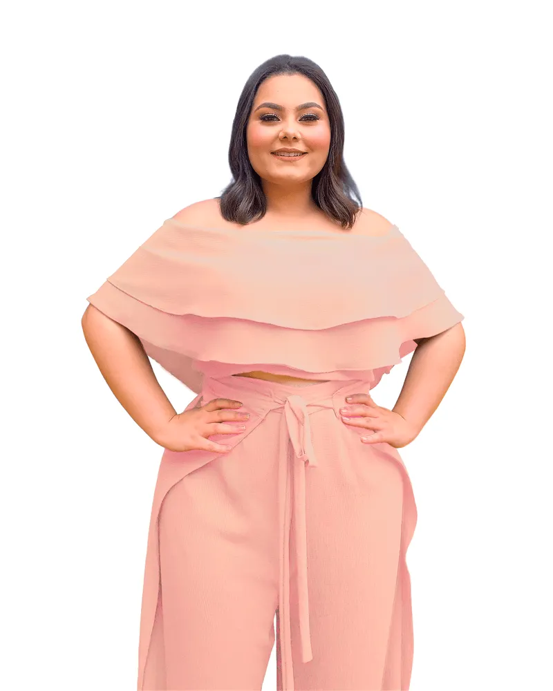 Conjunto Cropped Ciganinha Preto e Calça Envelope Rosa Chá