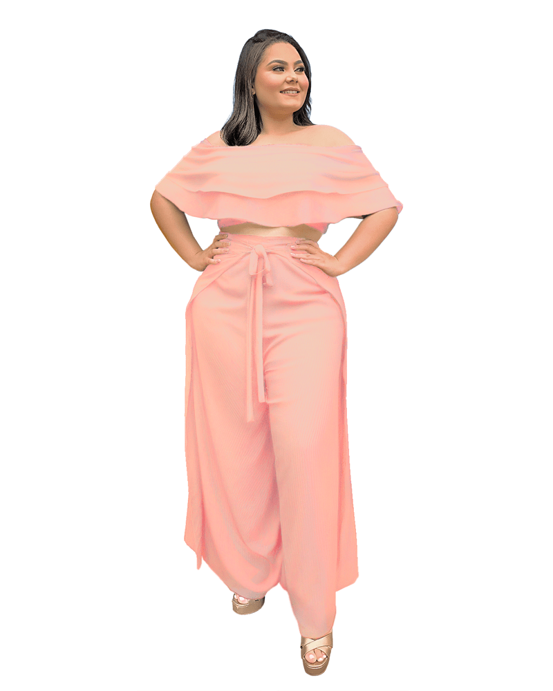 Conjunto Cropped Ciganinha Preto e Calça Envelope Rosa Chá