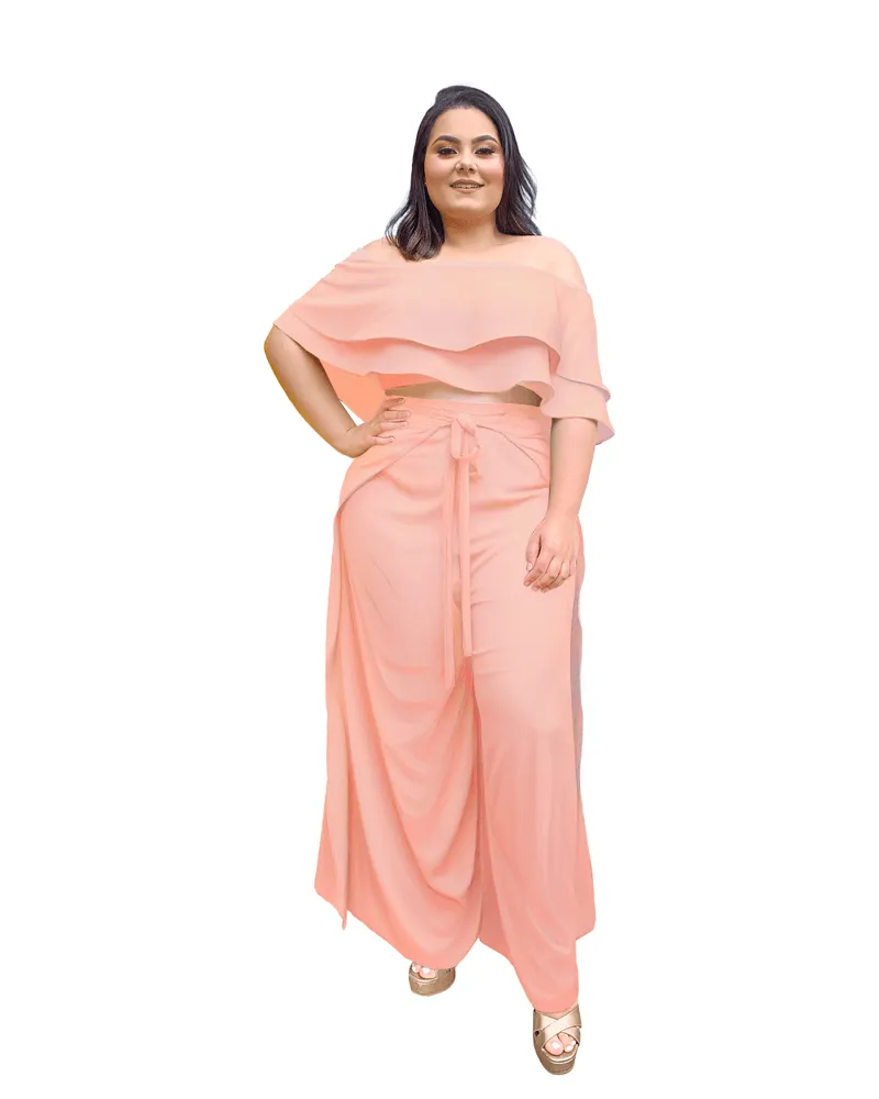 Conjunto Cropped Ciganinha Preto e Calça Envelope Rosa Chá