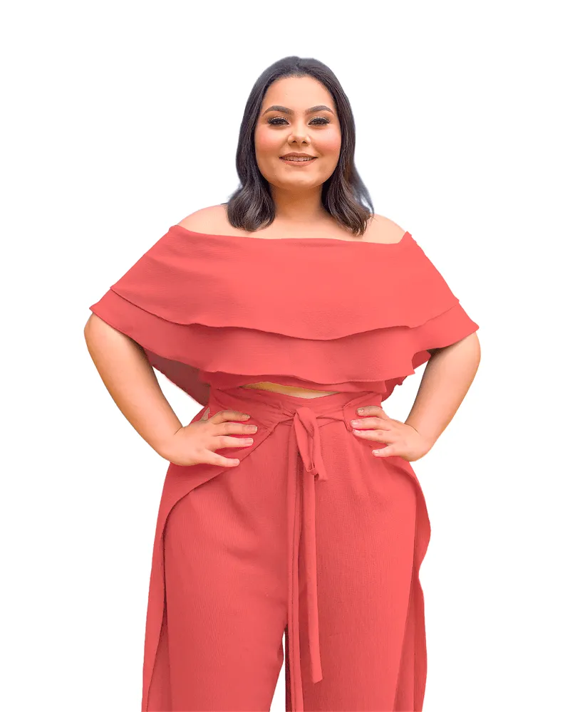 Conjunto Cropped Ciganinha Preto e Calça Envelope Rosa Envelhecido