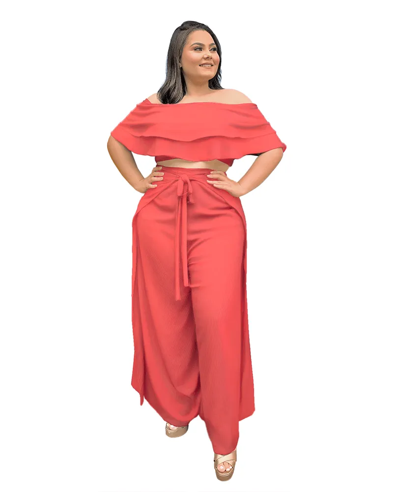 Conjunto Cropped Ciganinha Preto e Calça Envelope Rosa Envelhecido