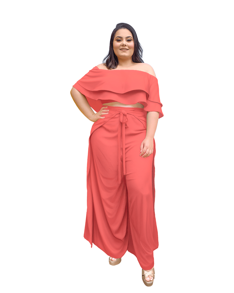 Conjunto Cropped Ciganinha Preto e Calça Envelope Rosa Envelhecido