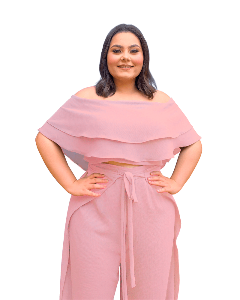 Conjunto Cropped Ciganinha Preto e Calça Envelope  Rosa bebê