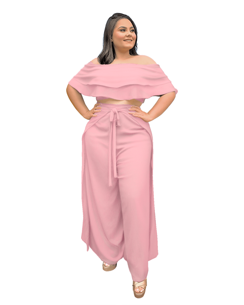 Conjunto Cropped Ciganinha Preto e Calça Envelope  Rosa bebê