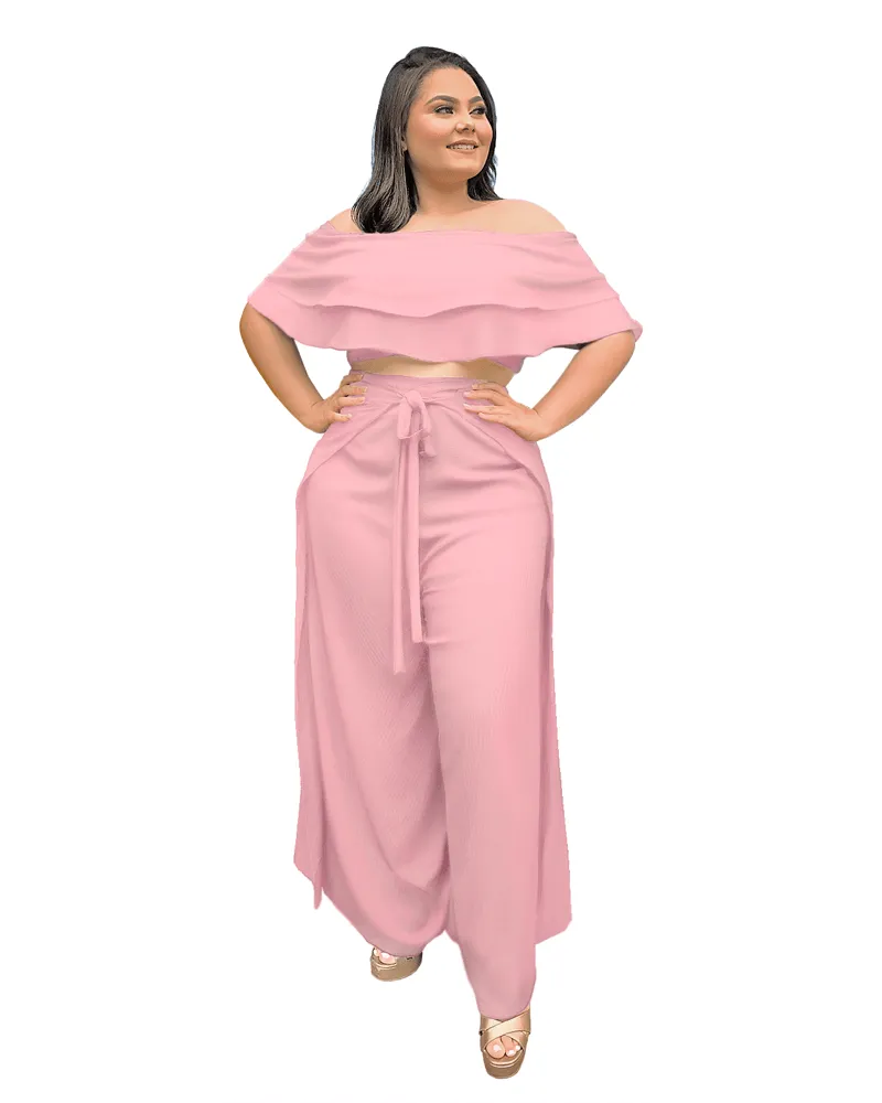 Conjunto Cropped Ciganinha Preto e Calça Envelope  Rosa bebê