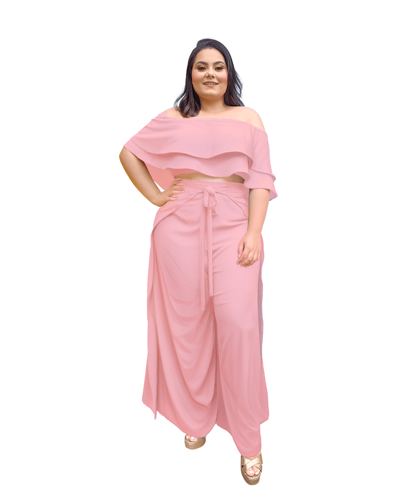 Conjunto Cropped Ciganinha Preto e Calça Envelope  Rosa bebê