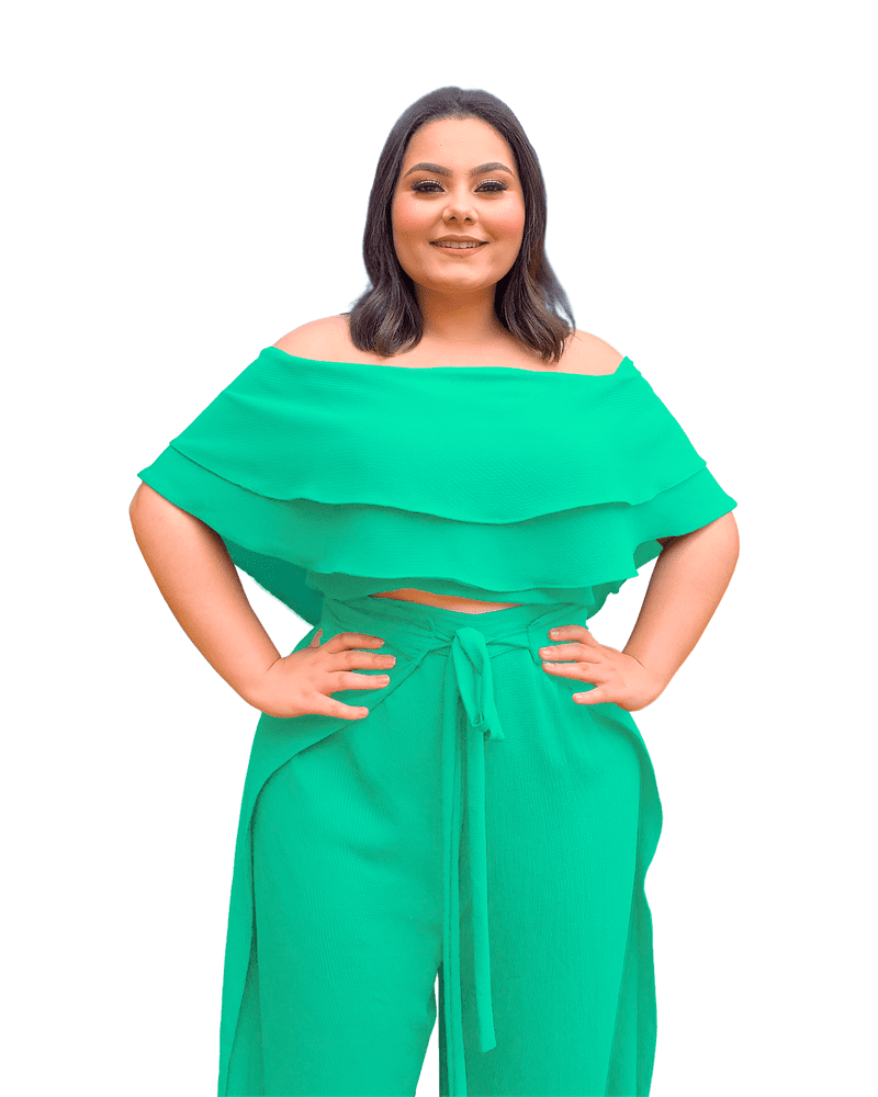 Conjunto Cropped Ciganinha e Calça Envelope Verde Agua 