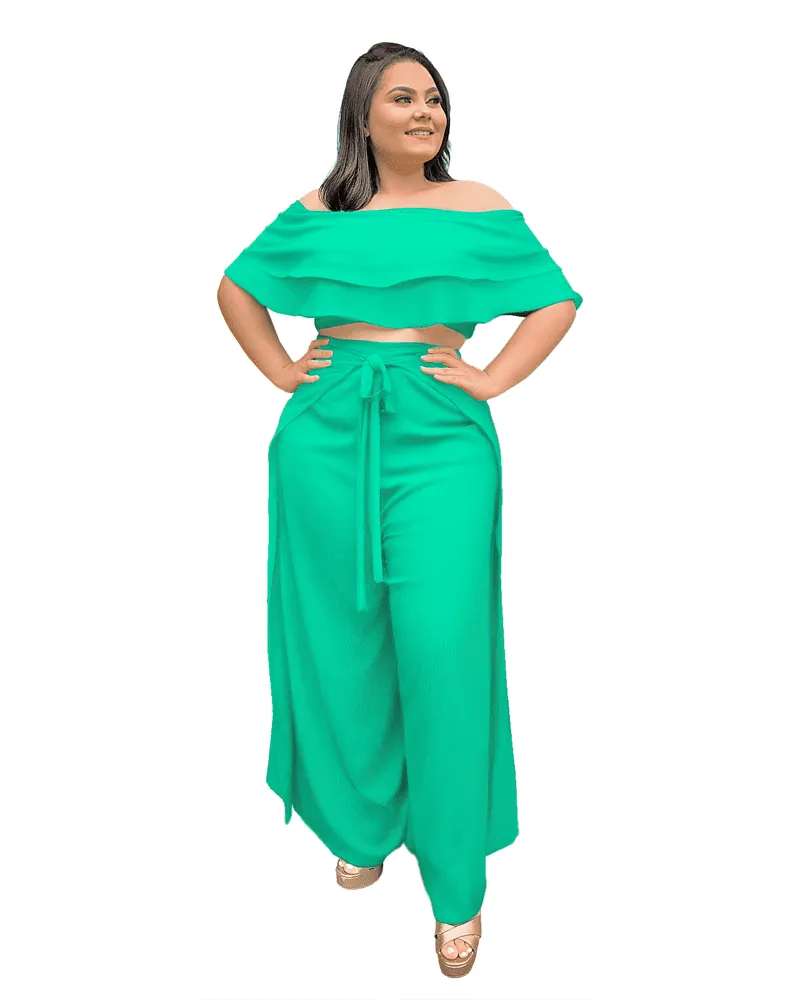 Conjunto Cropped Ciganinha e Calça Envelope Verde Agua 