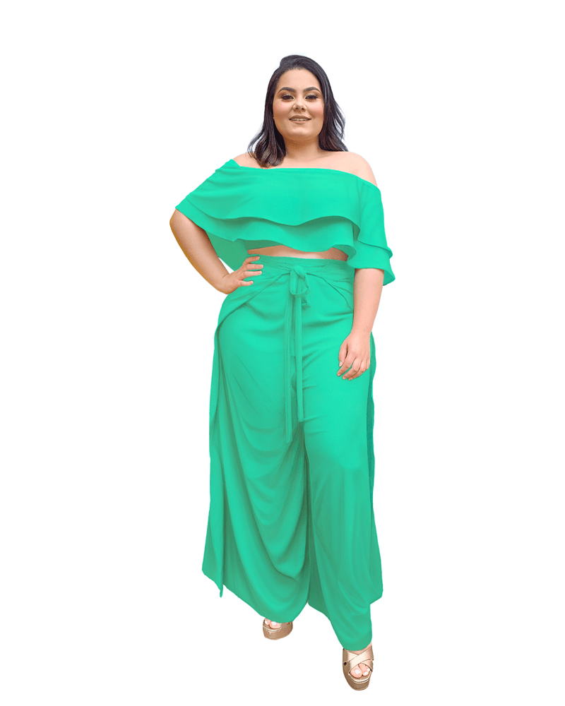 Conjunto Cropped Ciganinha e Calça Envelope Verde Agua 